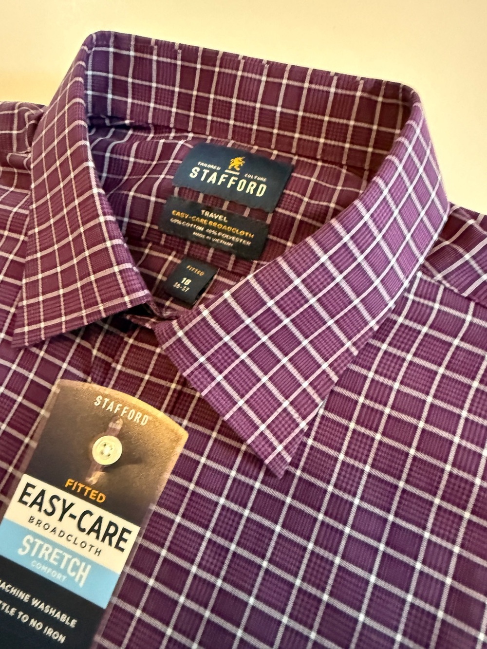 NWT Stafford Fitted Dress Shirt 18 36-37 Plum Grid Easy Care Stretch